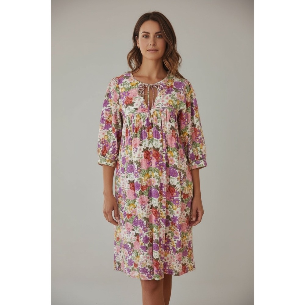 Auguste Floral Maxi Dress‎ Size Small Cottagecore Tie Neck Puff Sleeve